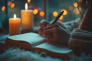 A cozy scene of a woman writing in a journal by candlelight, creating a warm and intimate atmosphere. photo