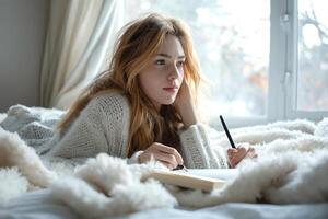 A thoughtful young Caucasian woman writes in a notebook while relaxing in a cozy bed with soft blankets. photo