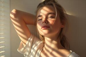 Young Caucasian woman with softly illuminated features, basking in the warm glow of sunlight filtered through blinds. photo