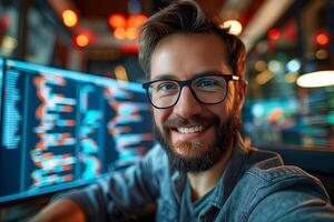 Smiling Caucasian male data analyst in glasses, immersed in coding at a tech workspace with vibrant lights. photo