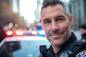 A smiling male police officer stands confidently in front of his patrol car, showcasing community engagement and service. photo