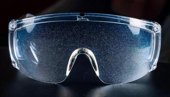 Safety Goggles Displayed on a Dark Surface After Use in a Workshop During the Day Providing Clear Visibility and Protection photo