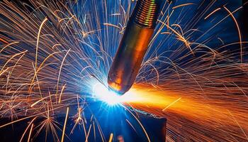 Welding Sparks Illuminate Dark Workshop as Metal Joins Together in an Intense Fabrication Process photo