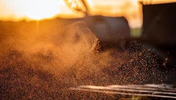 Dust Particles Illuminated by Sunlight Create a Striking Effect in a Rural Landscape During the Golden Hour photo