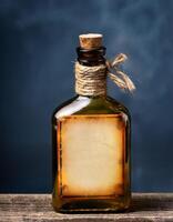 Vintage Glass Bottle With a Cork and Twine Featuring a Blank Label on a Wooden Surface Against a Blue Background photo