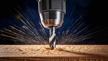 Drilling Into Wooden Surface Creates Dynamic Sparks and Wood Shavings During a Crafting Session in a Workshop photo