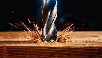 Close-up of a Drill Bit Piercing Through a Wooden Surface, Showing Shavings and Sparks in a Workshop Environment photo