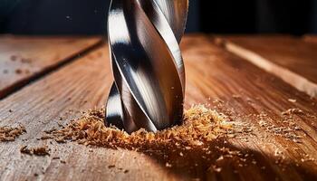 Drilling a Wooden Surface With Precision Tool in a Workshop Focused on Craftsmanship photo