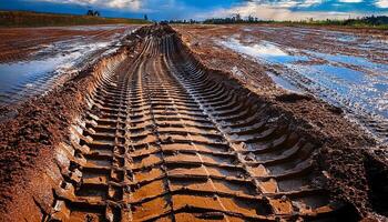 Mud Track Left by Heavy Machinery During Land Preparation in Rural Area After Rainfall in Bright Daylight photo