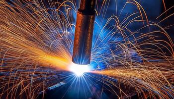 Welding Process Creating Bright Sparks During Metal Joining in an Industrial Workshop at Night photo