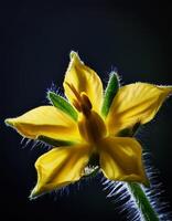Bright Yellow Flower With Delicate Features Blooming Against a Dark Background in a Garden Setting photo