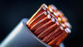 Close-up View of Copper Electrical Wire Showing Fine Strands and Insulation With a Blurred Background Emphasizing the Texture and Detail photo
