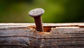 Close-up of a Rusted Nail Embedded in a Piece of Weathered Wood Against a Blurred Green Background photo