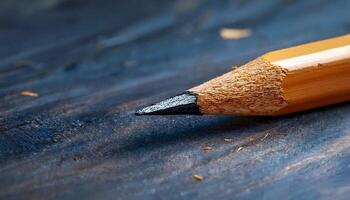 Close-up View of a Sharpened Pencil on a Wooden Desk Showcasing Its Fine Tip With Shavings Around photo