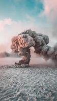 A large smoke plume is blowing out of a volcano photo