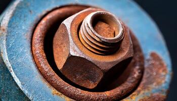 Rusty Bolt and Nut Resting on a Weathered Surface Showcasing Texture and Decay in a Close up Style photo