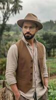 A man with a beard and hat standing in front of trees photo