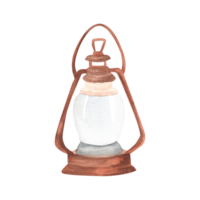 Camping kerosene or gasoline lantern. Metal lamp for expedition. Tourist equipment. Exploration lamp clipart. Hiking. Isolated image. Hand-drawn watercolor illustration png