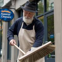 Man sweeping the sidewalk photo