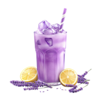 a lavender lemonade drink with ice and lemon slices on transparent background png