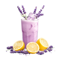 lavender lemonade drink with ice and lemon slices on transparent background png