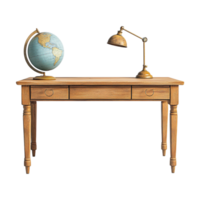 a desk with a globe and lamp on it png