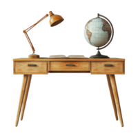 retro desk with globe and lamp on transparent background png
