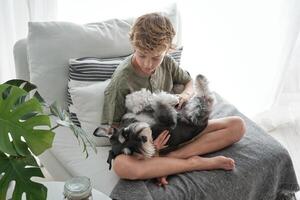 Boy caressing fluffy dog while sitting on sofa photo