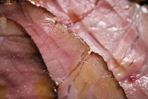 Closeup of raw meat freshly sliced with smooth surface photo