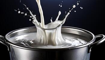 Liquid Splashes as Milk Falls Into a Metal Pot Creating Ripples and Droplets in a Dark Setting photo