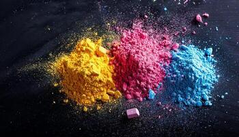 Bright Colors of Powdered Pigments Displayed Side by Side on a Dark Surface in Creative Arrangement photo