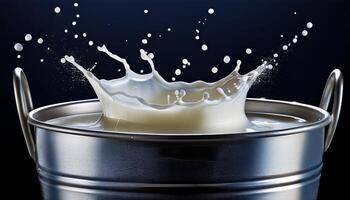 Milk Splashing in Metal Bucket Creates Dynamic Visual Against Dark Backdrop photo