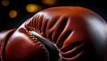 Close-up of a Leather Boxing Glove Highlighting Its Texture and Craftsmanship, Illuminated With Warm Bokeh Lighting in the Background photo