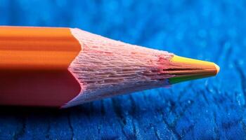 Close-up of a Sharpened Colored Pencil Resting on a Textured Blue Surface Highlighting Its Vibrant Hues photo