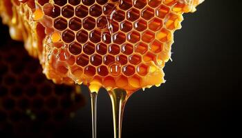Honeycomb Dripping With Golden Honey Against a Dark Background Showcasing the Natural Sweetness and Texture of Honey photo