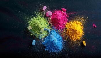 Colorful Powdered Pigments Arranged in Vibrant Display Showcasing Artistic Materials and Tools for Creative Projects photo