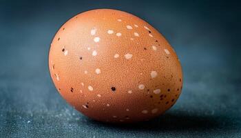 Unique Brown Speckled Egg Resting on a Dark Textured Surface Under Soft Lighting photo