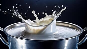 Milk Splashes Dramatically From a Metal Bucket in a Creative High-Speed Capture During a Dynamic Kitchen Experiment photo