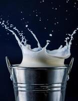 Milk Splashing From a Metal Bucket Against a Dark Background Showcases Motion and Liquid Dynamics During a Creative Photography Session photo