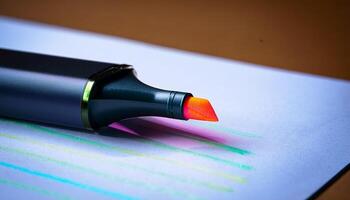 Vibrant Orange Highlighter Rests on Lined Paper With Colorful Marks and Shadows in a Well-Lit Workspace photo