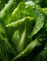 Fresh Lettuce Leaves Glistening With Water Droplets After Morning Rain in a Lush Garden Setting photo