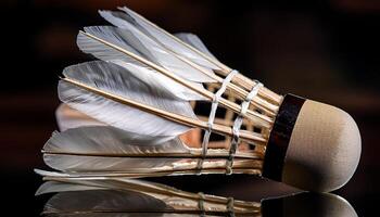 Vintage Shuttlecock Used in a Badminton Game Resting on a Reflective Surface in a Indoor Setting During Late Evening photo
