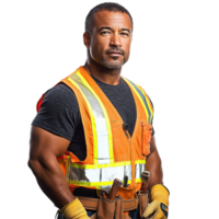 Man in a safety vest stands in front of a white background. Isolated on transparent background png