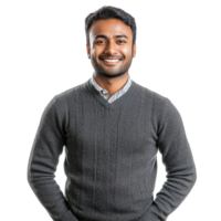 Smiling Man in Dark Gray Sweater with Hands in Pockets, isolated on transparent background png