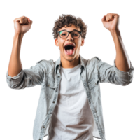 Excited Young Man in Denim Jacket Cheering with Raised Fists, isolated on transparent background png