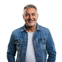 Smiling Middle-Aged Man in Denim Jacket with Hands in Pockets, isolated on transparent background png