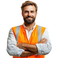 Smiling Bearded Engineer in Safety Vest with Arms Crossed, isolated on transparent background png