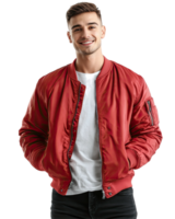 Young Man in Red Bomber Jacket, Hands in Pockets, Isolated on Transparent Background png