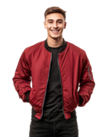 Smiling Man in Red Bomber Jacket, Confident Look, Isolated on Transparent Background png