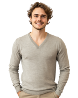 Happy Man in Beige Sweater with Hands in Pockets, Isolated on Transparent Background png